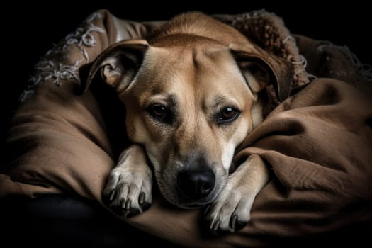 A soft and furry dog lies on a pillow, snuggled up and napping peacefully. (generative AI)