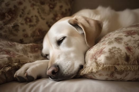 A soft and furry dog lies on a pillow, snuggled up and napping peacefully. (generative AI)