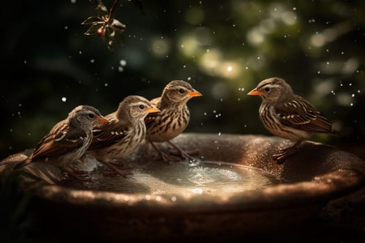 A family of tiny finches are enjoying a birdbath in a suburban backyard (generative AI)