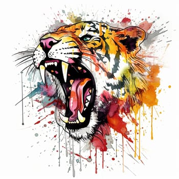 Wild tiger head fiercely roaring against a white background. Colorful splatters of watercolor and ink. Created using generative artificial intelligence.