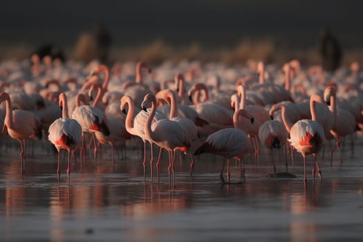 A group of flamboyant flamingos gather for their daily meal in a shimmering salt lake (generative AI)