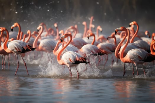 Flamboyance of flamingos dancing and splashing in shallow lagoon by the ocean (generative AI)