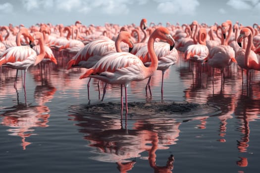 A group of Flamingos with pink feathers standing elegantly in the shallow waters of a lagoon (generative AI)