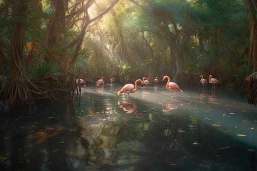 A group of pink flamingos wading in a clear lagoon bordered by mangroves (generative AI)