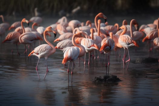 A group of Flamingos with pink feathers standing elegantly in the shallow waters of a lagoon (generative AI)
