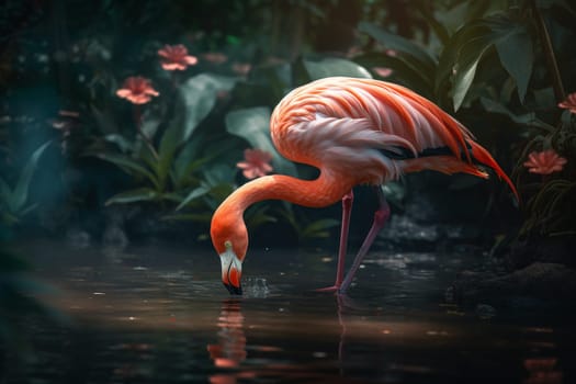 A vibrant pink flamingo is happily feeding on the varied flora and fauna of a bustling wetland ecosystem (generative AI)