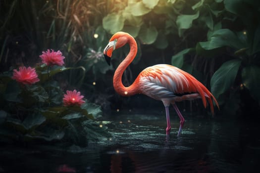 A vibrant pink flamingo is happily feeding on the varied flora and fauna of a bustling wetland ecosystem (generative AI)
