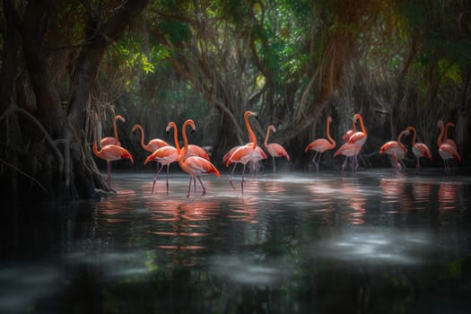 A group of pink flamingos wading in a clear lagoon bordered by mangroves (generative AI)