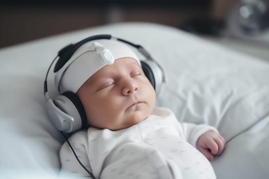 futuristic illustration representing a newborn with a headset - concept on new learning technologies - Generative AI, AI generated