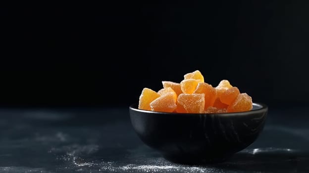 Candied ginger in black bowl, against dark background, , Generative AI, AI generated