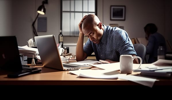 Stressed and tired man suffering from headache at workplace - burn-out concept - Generative AI