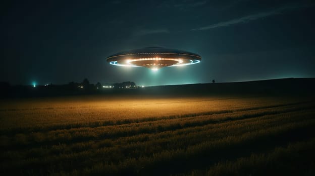 UFO at night landing on a meadow - generative AI - AI generated