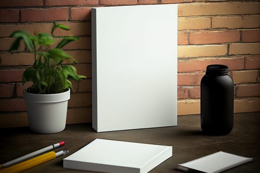 Book cover blank white vertical design template on a table - room interior