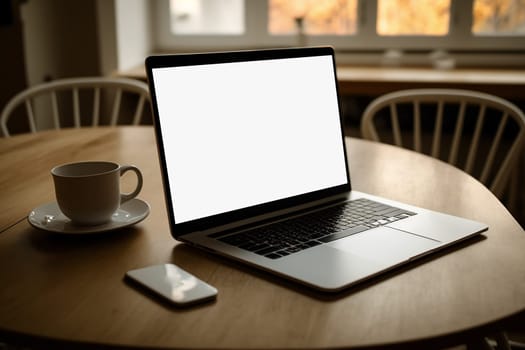 Laptop computer with opened lid on table in home office workspace room