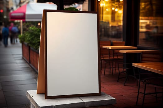 Mockup label, blank menu frame in Bar restaurant. Stand for booklets with white sheets paper on wooden table cafeteria blurred background