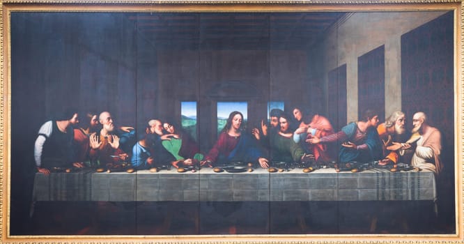 Turin, Italy - April, 2023: the painting of Last Supper in Duomo after Leonardo da Vinci by Vercellese Luigi Cagna, 1836