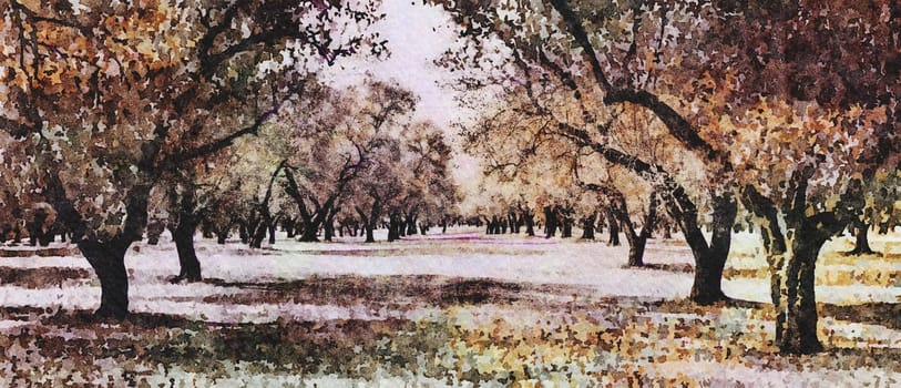 Creative illustration, vintage watercolor artistic design. Olive tree. Vintage design, natural background, nobody