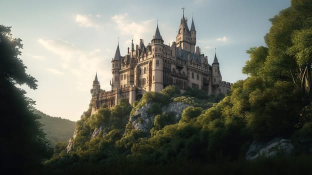 Majestic castle perched on a rocky outcrop - Generative AI - AI generated
