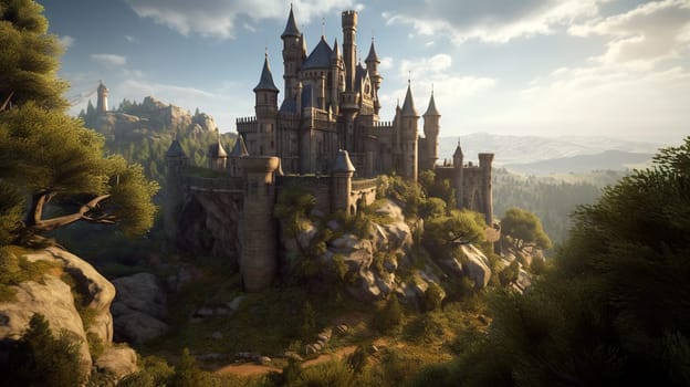 Majestic castle perched on a rocky outcrop - Generative AI - AI generated