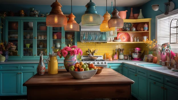 Eclectic vintage and colored kitchen - generative AI, AI generated