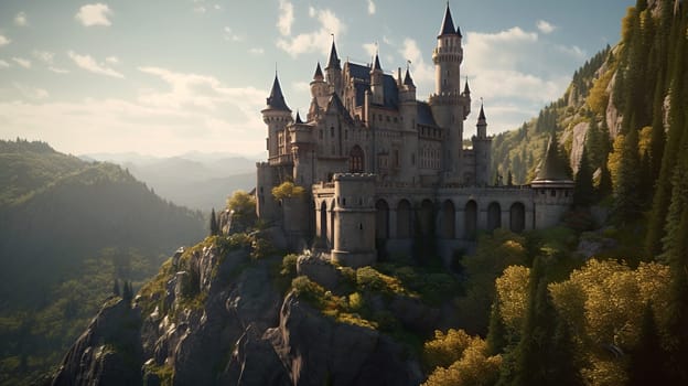 Majestic castle perched on a rocky outcrop - Generative AI - AI generated
