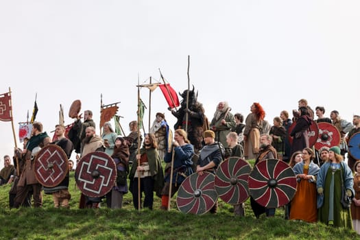 Krakow, Poland - April 11, 2023: Unidentified participants of Rekawka - Polish tradition, celebrated in Krakow on Tuesday after Easter. Currently has the character of festival historical reconstruction