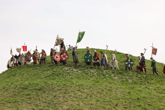 Krakow, Poland - April 11, 2023: Unidentified participants of Rekawka - Polish tradition, celebrated in Krakow on Tuesday after Easter. Currently has the character of festival historical reconstruction