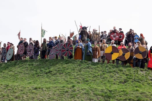 Krakow, Poland - April 11, 2023: Unidentified participants of Rekawka - Polish tradition, celebrated in Krakow on Tuesday after Easter. Currently has the character of festival historical reconstruction