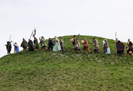 Krakow, Poland - April 11, 2023: Unidentified participants of Rekawka - Polish tradition, celebrated in Krakow on Tuesday after Easter. Currently has the character of festival historical reconstruction