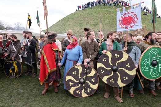 Krakow, Poland - April 11, 2023: Unidentified participants of Rekawka - Polish tradition, celebrated in Krakow on Tuesday after Easter. Currently has the character of festival historical reconstruction