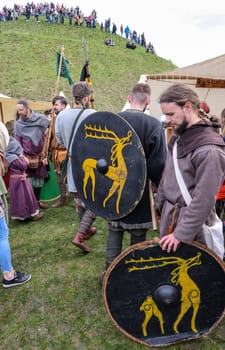 Krakow, Poland - April 11, 2023: Unidentified participants of Rekawka - Polish tradition, celebrated in Krakow on Tuesday after Easter. Currently has the character of festival historical reconstruction