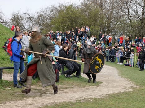 Krakow, Poland - April 11, 2023: Unidentified participants of Rekawka - Polish tradition, celebrated in Krakow on Tuesday after Easter. Currently has the character of festival historical reconstruction