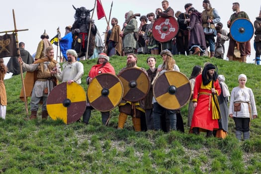 Krakow, Poland - April 11, 2023: Unidentified participants of Rekawka - Polish tradition, celebrated in Krakow on Tuesday after Easter. Currently has the character of festival historical reconstruction