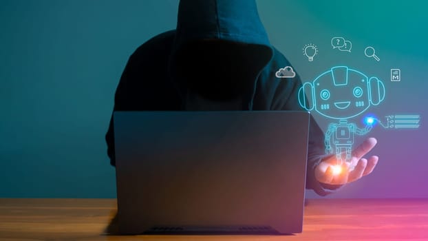 Hackers are stealing data from internet network using AI. Data protection concept, illegal use of AI