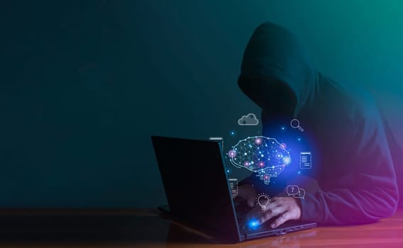 Hackers are stealing data from internet network using AI. Data protection concept, illegal use of AI