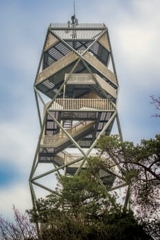 Kalmthout, Belgium, May 2023: View of the lookout tower and fire tower in Kalmthout Heath, nature park in Belgium
