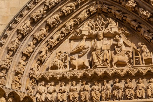 Detail of the sculpturres over the main portal of the Cathedral of Saint Mary. Burgos, Spain