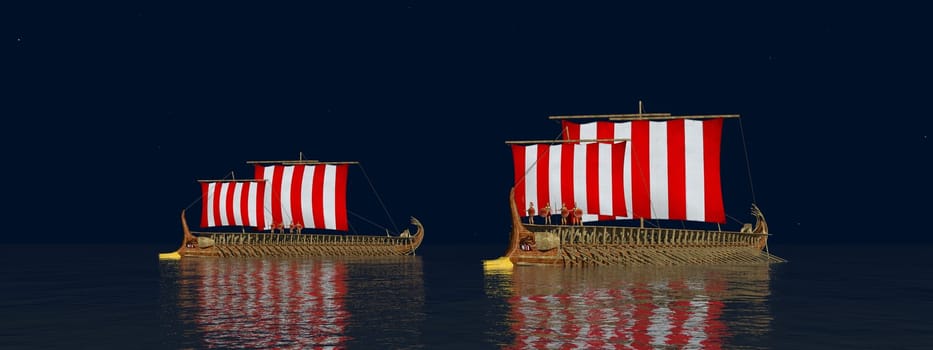 Computer generated 3D illustration with warships of ancient Greece in the open sea at night