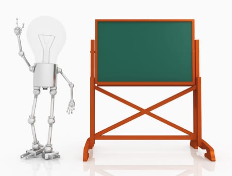 Computer generated 3D illustration with light bulb figure and chalkboard