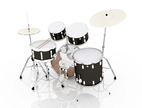 Computer generated 3D illustration with a drumset against a white background