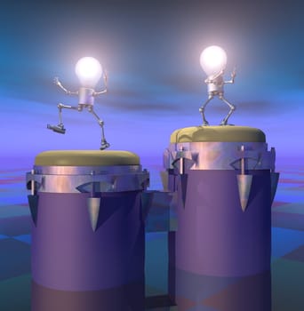 Computer generated 3D illustration with bongo drum and light bulb figures at night