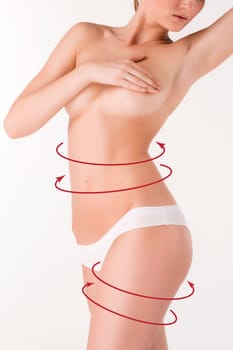 Body correction with the help of plastic surgery on  white background, side view. Woman belly marked out for cosmetic surgery or liposuction