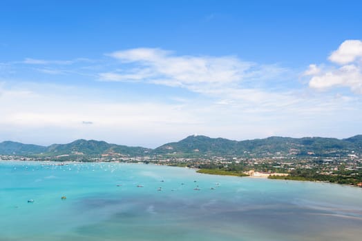 High angle view sea sky and seaside tourist town of Ao Chalong bay from Khao-Khad mountain viewpoint famous attractions in Phuket island, Thailand