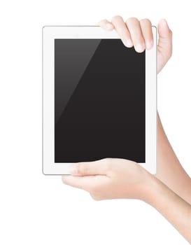 hand hold tablet digital isolated white clipping path inside
