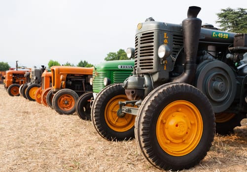 Seven old tractors in perpective, farming, agriculture