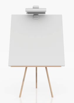 Computer generated 3D illustration of an easel with lamp against a white background