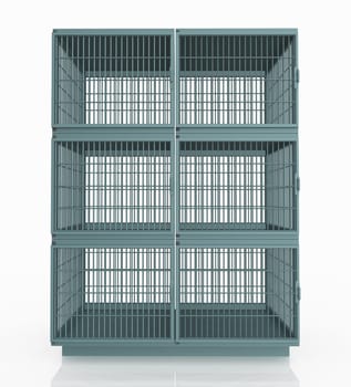Computer generated 3D illustration with animal cages against a white background
