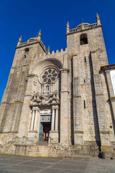 The facade of the Porto Cathedral seen from the entrance, Portugal