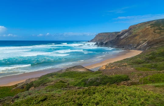 Beautiful empty beach in Algarve west coast, Portugal