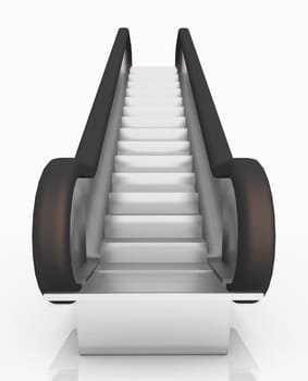 Computer generated 3D illustration with an escalator against a white background